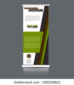 Roll up banner design. Vertical narrow flyer template. Advertising panel layout. Green and brown vector illustration.
