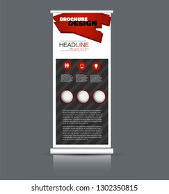 Roll up banner design. Vertical narrow flyer template. Advertising panel layout. Black and red vector illustration.