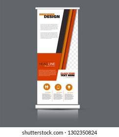 Roll up banner design. Vertical narrow flyer template. Advertising panel layout. Red and orange vector illustration.