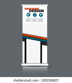 Roll up banner design. Vertical narrow flyer template. Advertising panel layout. Blue and red vector illustration.