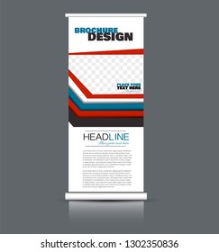 Roll up banner design. Vertical narrow flyer template. Advertising panel layout. Blue and red vector illustration.