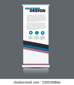 Roll up banner design. Vertical narrow flyer template. Advertising panel layout. Blue and purple vector illustration.