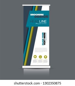Roll up banner design. Vertical narrow flyer template. Advertising panel layout. Blue and green vector illustration.