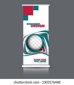 Roll up banner design. Vertical narrow flyer template. Advertising panel layout. Green and red vector illustration.