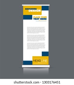 Roll up banner design. Vertical narrow flyer template. Advertising panel layout. Blue and yellow vector illustration.