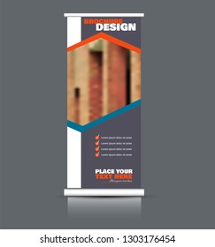 Roll up banner design. Vertical narrow flyer template. Advertising panel layout. Blue and orange vector illustration.