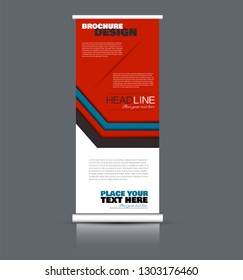 Roll up banner design. Vertical narrow flyer template. Advertising panel layout. Blue and red vector illustration.