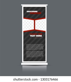 Roll up banner design. Vertical narrow flyer template. Advertising panel layout. Red and black vector illustration.