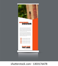 Roll up banner design. Vertical narrow flyer template. Advertising panel layout. Orange vector illustration.