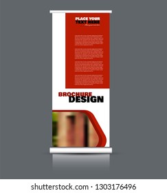 Roll up banner design. Vertical narrow flyer template. Advertising panel layout. Red vector illustration.