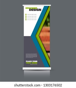 Roll up banner design. Vertical narrow flyer template. Advertising panel layout. Blue and green vector illustration.