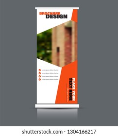 Roll up banner design. Vertical narrow flyer template. Advertising panel layout. Orange vector illustration.