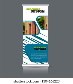 Roll up banner design. Vertical narrow flyer template. Advertising panel layout. Blue vector illustration.