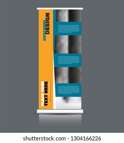 Roll up banner design. Vertical narrow flyer template. Advertising panel layout. Orange and blue vector illustration.