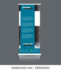 Roll up banner design. Vertical narrow flyer template. Advertising panel layout. Blue vector illustration.