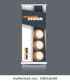 Roll up banner design. Vertical narrow flyer template. Advertising panel layout. Orange and grey vector illustration.