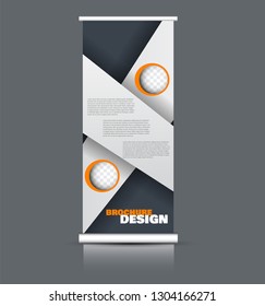 Roll up banner design. Vertical narrow flyer template. Advertising panel layout. Orange and grey vector illustration.