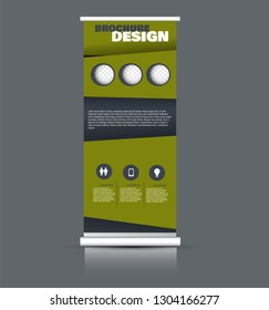 Roll up banner design. Vertical narrow flyer template. Advertising panel layout. Green and grey vector illustration.