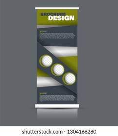 Roll up banner design. Vertical narrow flyer template. Advertising panel layout. Green and grey vector illustration.