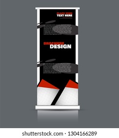 Roll up banner design. Vertical narrow flyer template. Advertising panel layout. Black and red vector illustration.