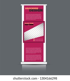 Roll up banner design. Vertical narrow flyer template. Advertising panel layout. Pink vector illustration.
