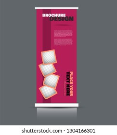 Roll up banner design. Vertical narrow flyer template. Advertising panel layout. Pink vector illustration.