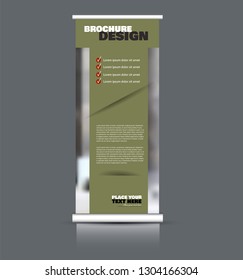 Roll up banner design. Vertical narrow flyer template. Advertising panel layout. Green and red vector illustration.