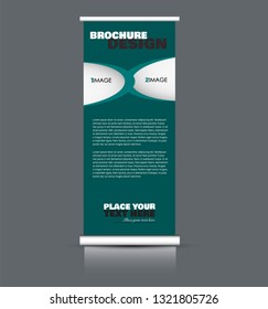 Roll up banner design. Vertical narrow flyer template. Advertising panel layout. Green and grey vector illustration.