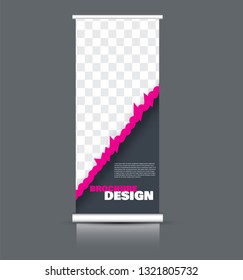 Roll up banner design. Vertical narrow flyer template. Advertising panel layout. Pink and grey vector illustration.