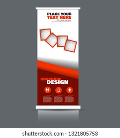 Roll up banner design. Vertical narrow flyer template. Advertising panel layout. Red vector illustration.