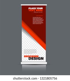 Roll up banner design. Vertical narrow flyer template. Advertising panel layout. Red vector illustration.
