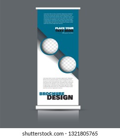 Roll up banner design. Vertical narrow flyer template. Advertising panel layout. Blue vector illustration.