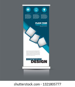 Roll up banner design. Vertical narrow flyer template. Advertising panel layout. Blue vector illustration.