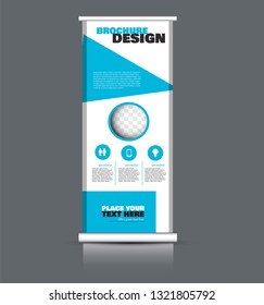 Roll up banner design. Vertical narrow flyer template. Advertising panel layout. Blue vector illustration.