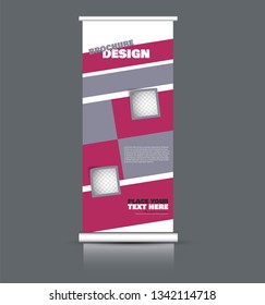 Roll up banner design. Vertical narrow flyer template. Advertising panel layout. Grey and pink vector illustration.