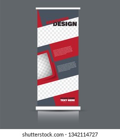Roll up banner design. Vertical narrow flyer template. Advertising panel layout. Grey and red vector illustration.