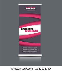 Roll up banner design. Vertical narrow flyer template. Advertising panel layout. Grey and pink vector illustration.