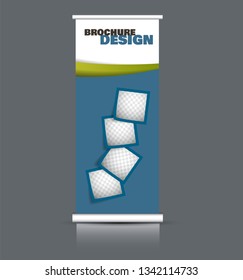 Roll up banner design. Vertical narrow flyer template. Advertising panel layout. Green and blue vector illustration.