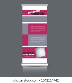 Roll up banner design. Vertical narrow flyer template. Advertising panel layout. Grey and pink vector illustration.