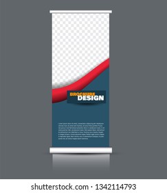 Roll up banner design. Vertical narrow flyer template. Advertising panel layout. Blue, red, and orange vector illustration.