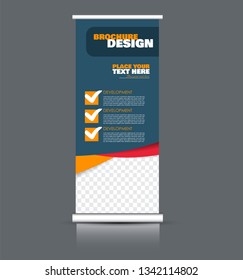 Roll up banner design. Vertical narrow flyer template. Advertising panel layout. Blue, red, and orange vector illustration.