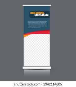 Roll up banner design. Vertical narrow flyer template. Advertising panel layout. Blue, red, and orange vector illustration.
