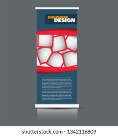 Roll up banner design. Vertical narrow flyer template. Advertising panel layout. Blue, red, and orange vector illustration.