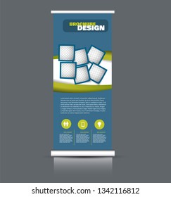 Roll up banner design. Vertical narrow flyer template. Advertising panel layout. Green and blue vector illustration.