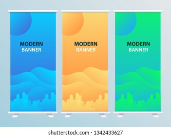 Roll up banner design. Vertical narrow flyer template. Advertising panel layout. Green, blue, and yellow vector illustration. - Vector
