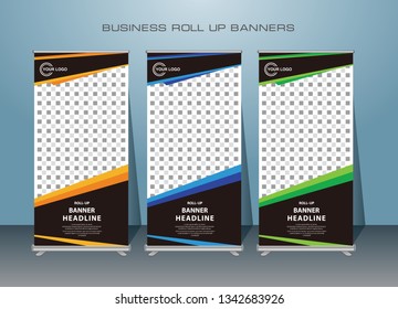 Roll up banner design. Vertical narrow flyer template. Advertising panel layout. 