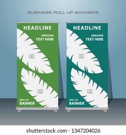 Roll up banner design. Vertical narrow flyer template with green nature theme.