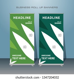 Roll up banner design. Vertical narrow flyer template with green nature theme.