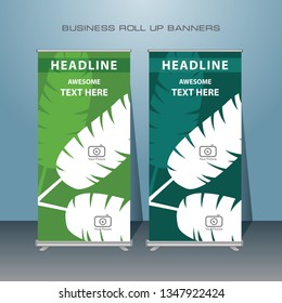 Roll up banner design. Vertical narrow flyer template with go green theme