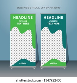 Roll up banner design. Vertical narrow flyer template with go green theme